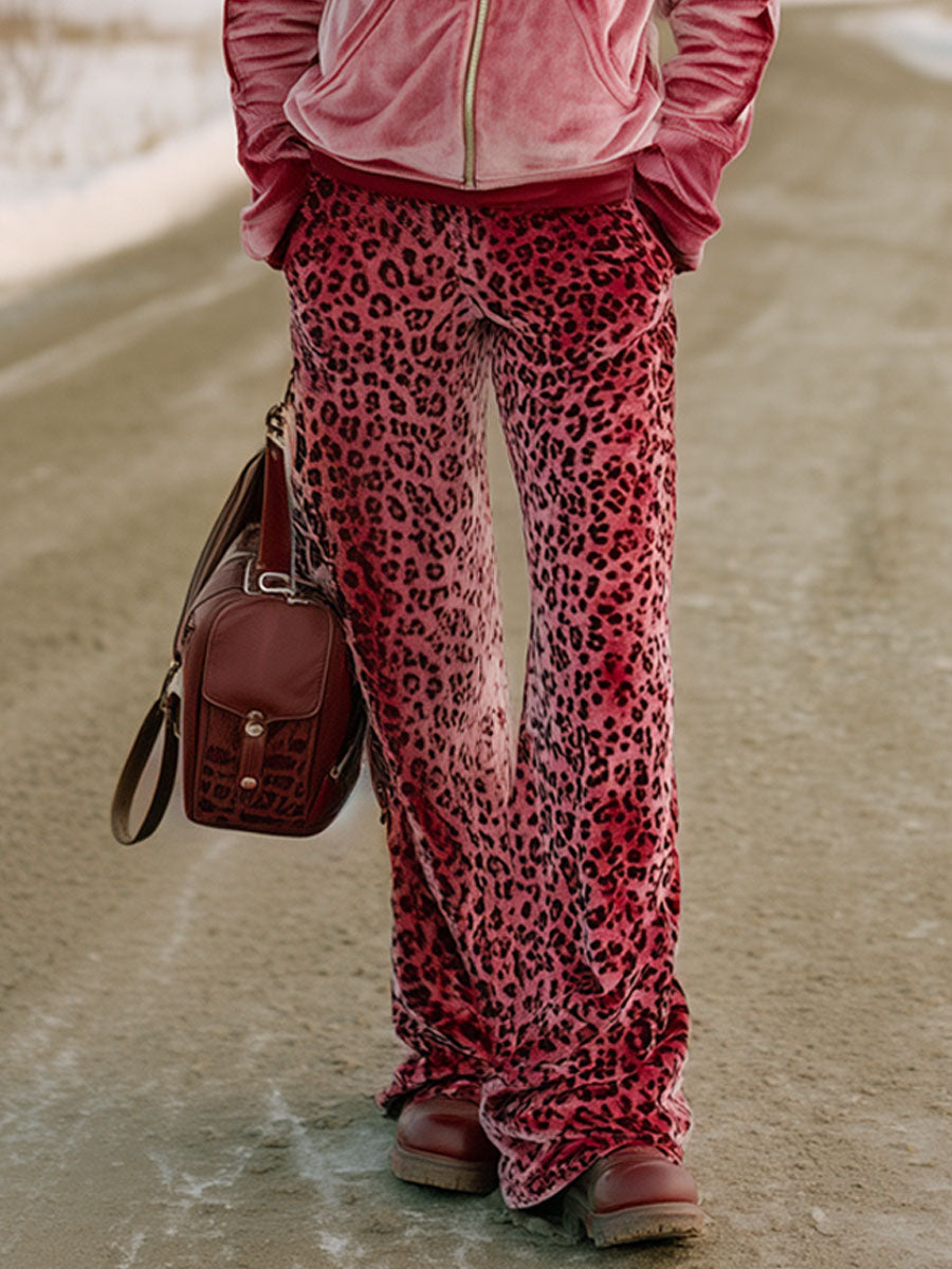Ensemble Chic en Velours Rose Dégradé avec Pantalon Imprimé Léopard