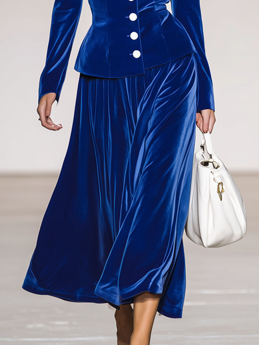 Robe en Velours Bleu Royal avec Col Élégant et Jupe Flottante