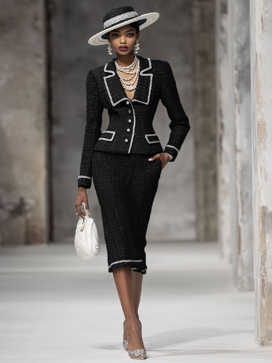 Ensemble Chic : Veste à Revers Élégant et Jupe en Tweed - Costume Deux-Pièces
