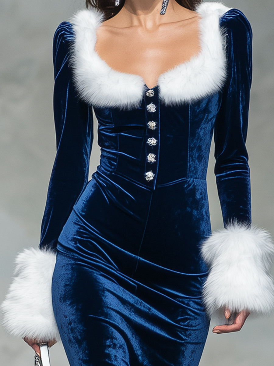 Robe Maxi Élégante en Velours Bleu avec Encolure Carrée et Accents en Fausse Fourrure de Lapin