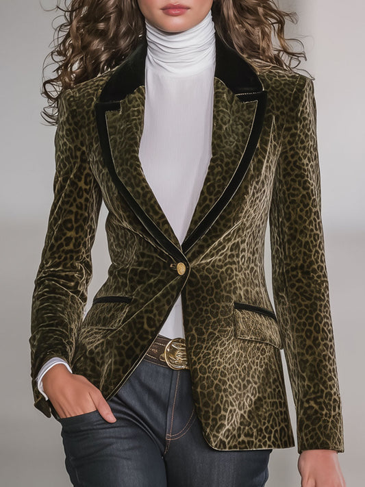Veste en Velours Léopard Rétro avec Détails Contrastés