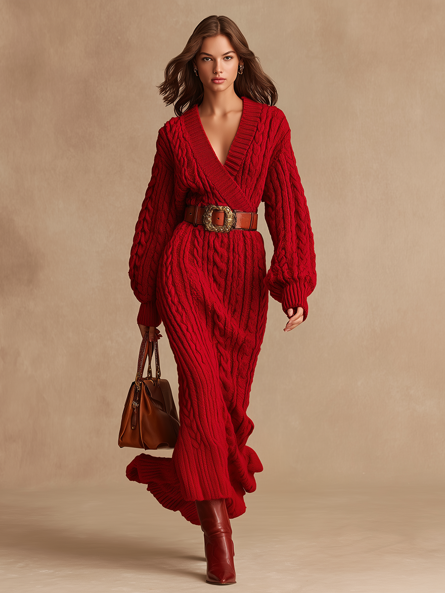 Robe Maxi Tricot à Câbles avec Manches Longues et Décolleté V Rétro
