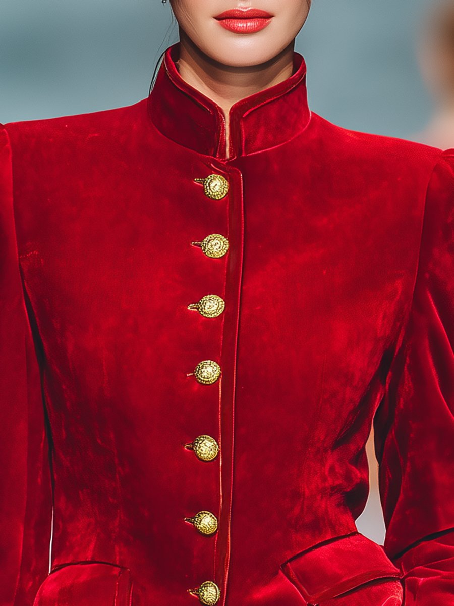 Veste Vintage en Velours Élégante avec Col Montant et Détails en Métal