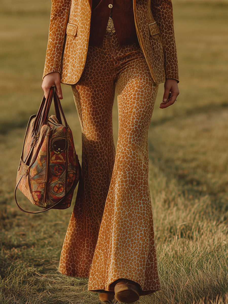 Veste en Velours Imprimé Léopard Orange au Style Western Rétro avec Pantalon Évasé