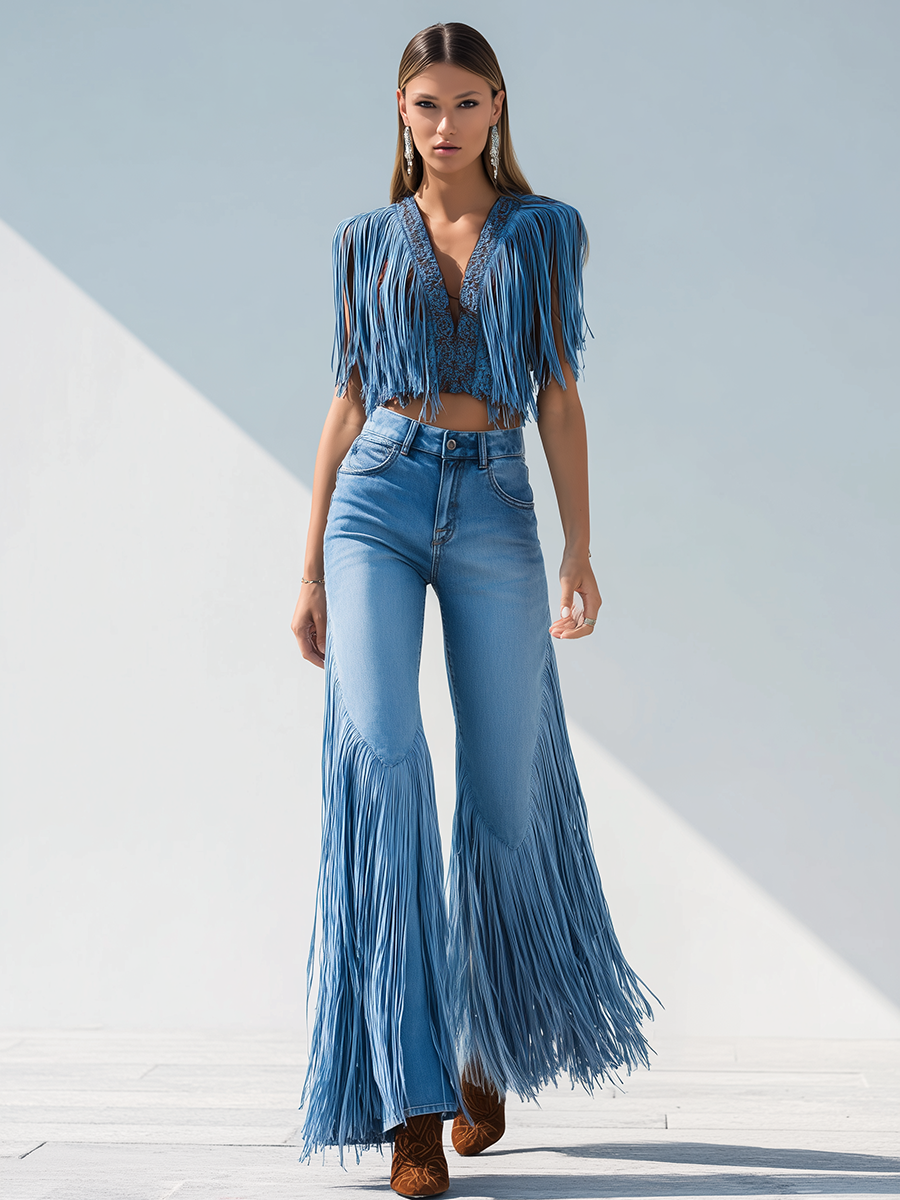 Jean Flare Rétro avec Franges à la Mode