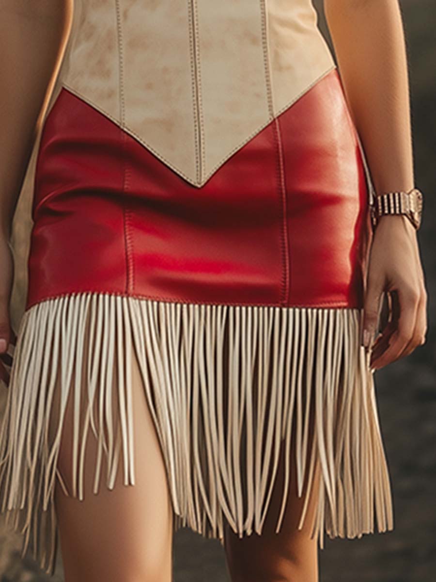 Expédition Rapide en 24h : Robe Mini Élégante Sans Manches au Style Rétro Western avec Franges Contrastées