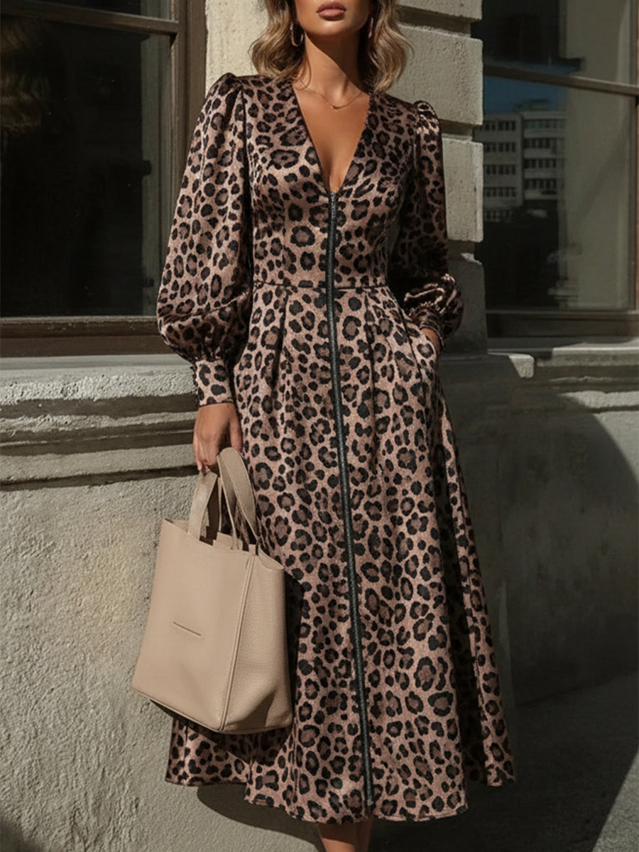 Robe Maxi Zippée à Col en V - Imprimé Léopard Rétro