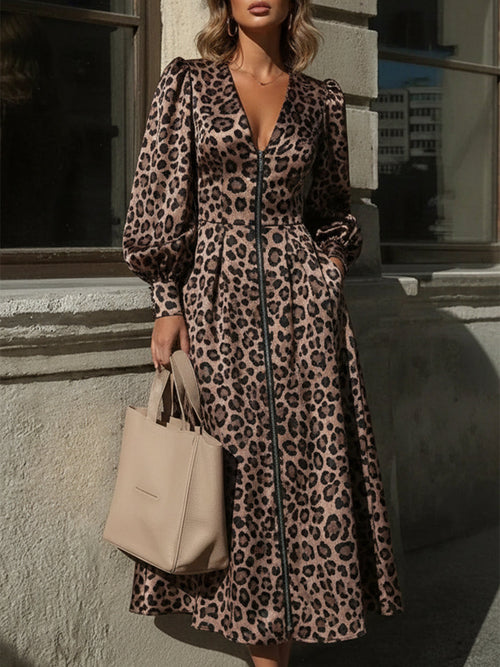 Robe Maxi Zippée à Col en V - Imprimé Léopard Rétro