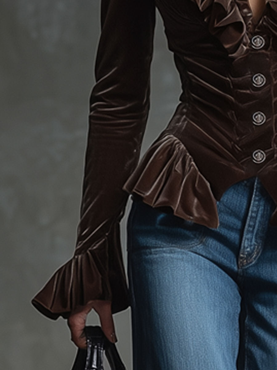 Chemise Rétro en Velours Brun Cocoa à Manches Longues avec Volants et Col en V