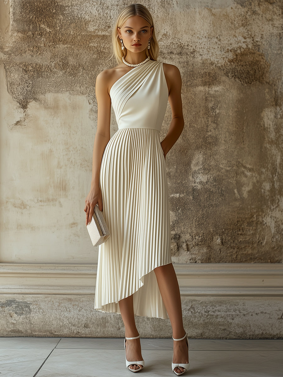 Robe de Soirée Midi Plissée Blanche Élégante - Expédition en 24 Heures