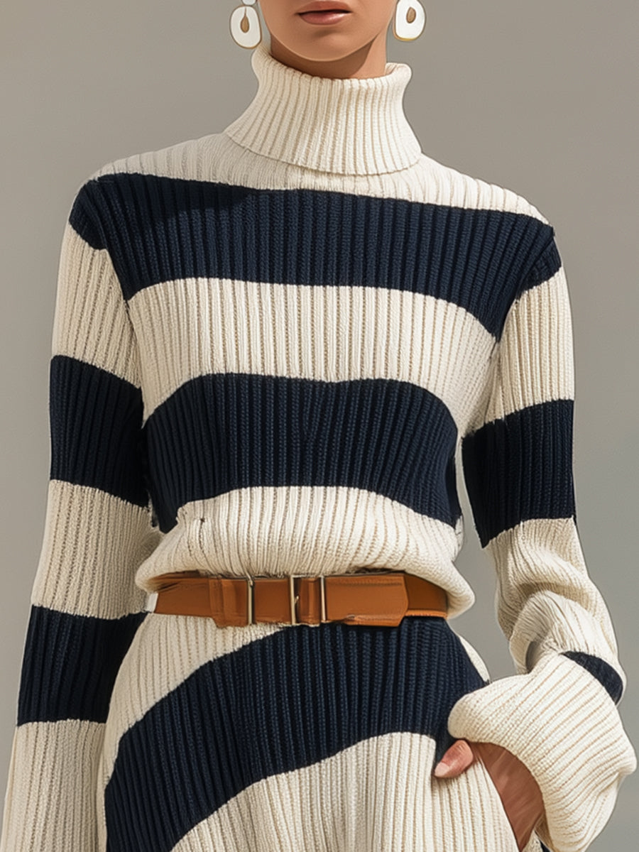 Robe Maxi Tricot à Manches Longues avec Col Haut - Élégance et Style en Rayures Contrastées Bleu Marine et Blanc