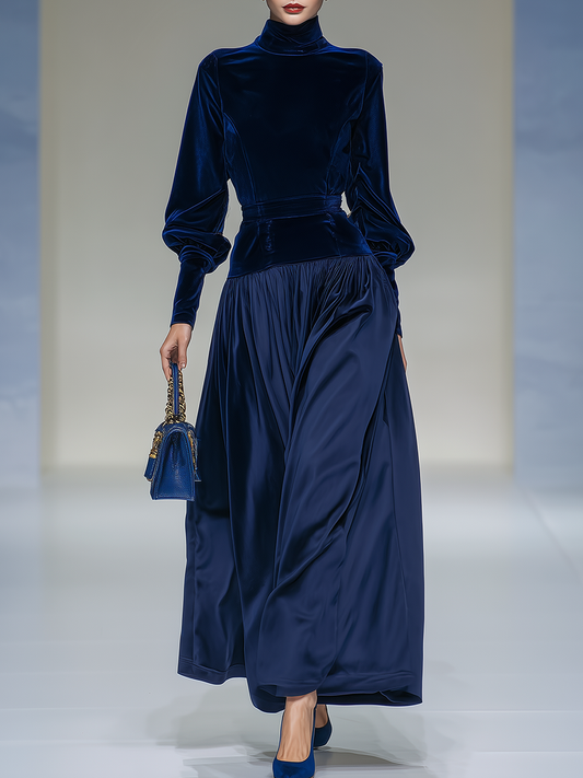 Robe Vintage Chic en Velours Satin avec Col Montant et Manches Longues