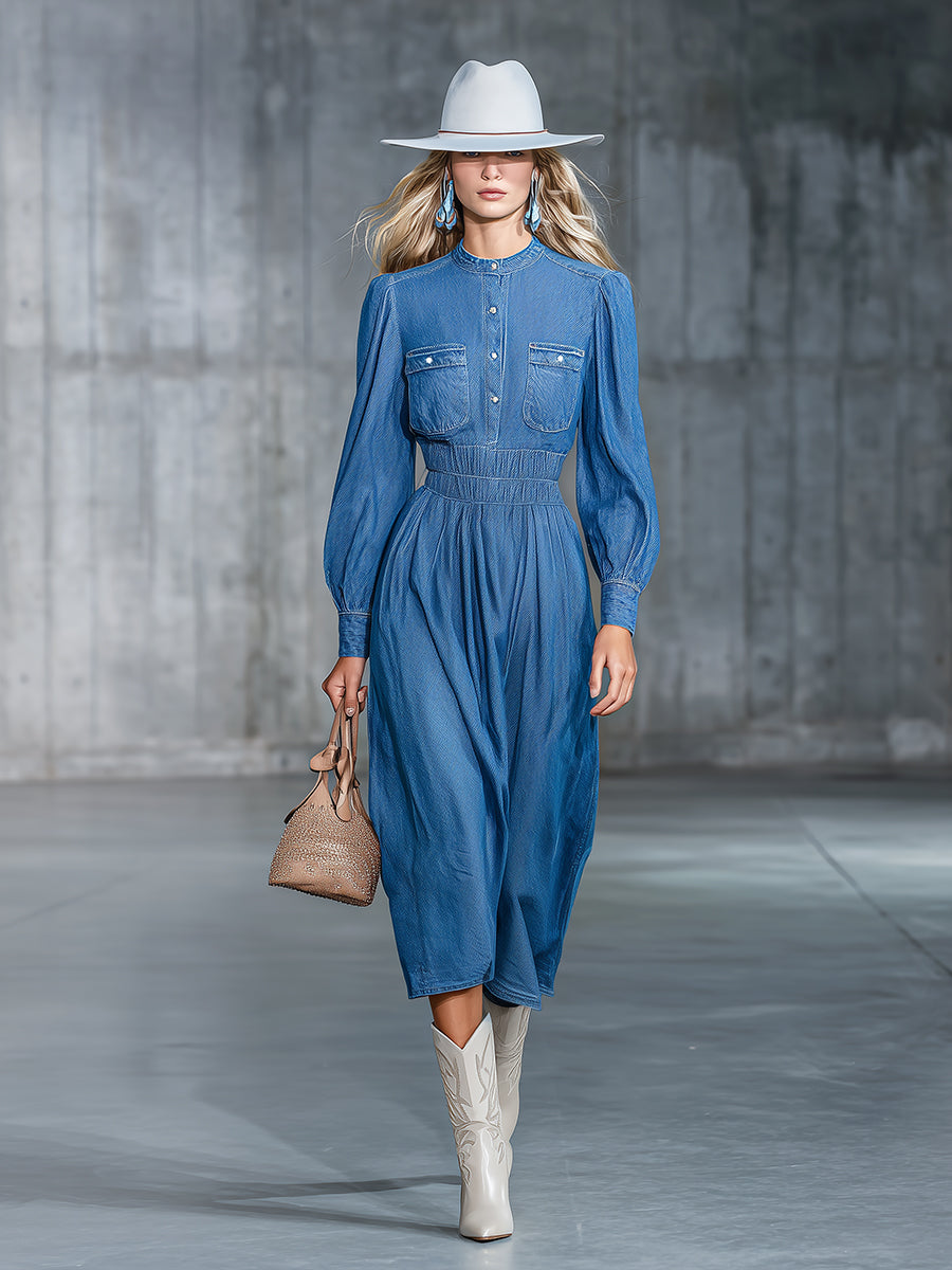 Robe Midi en Denim avec Col Rond Élastique et Manches Amples" could be rewritten as:
"Robe Midi en Denim : Élégance Décontractée avec Col Élastique et Manches Amples