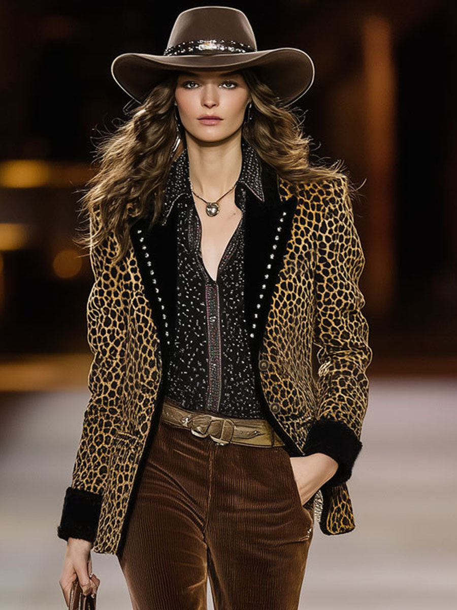 Blazer Rétro en Velours Imprimé Léopard à Détails Contrastés