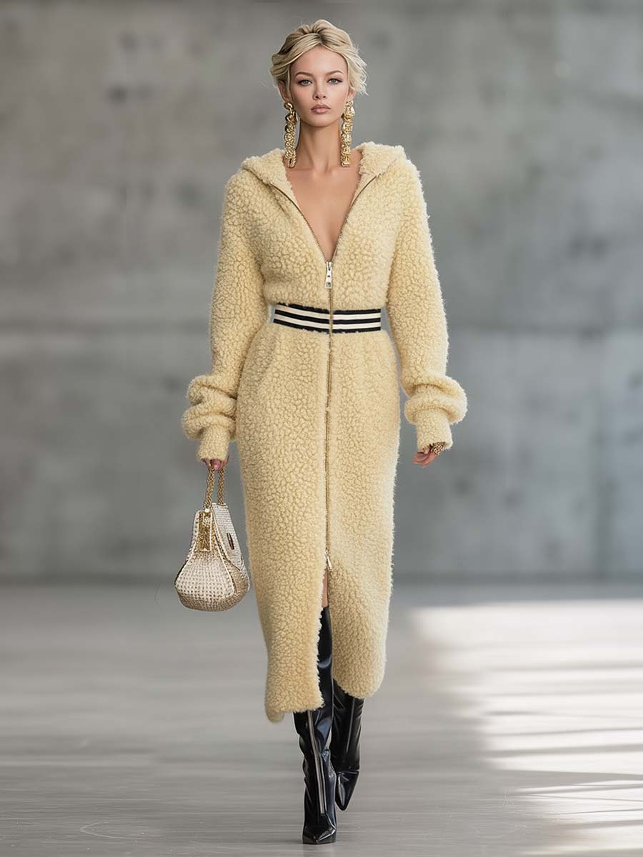 Exquisite Retro Sporty Hooded Midi Fleece Robe in Vibrant Yellow with V-Neck and Front Zipper