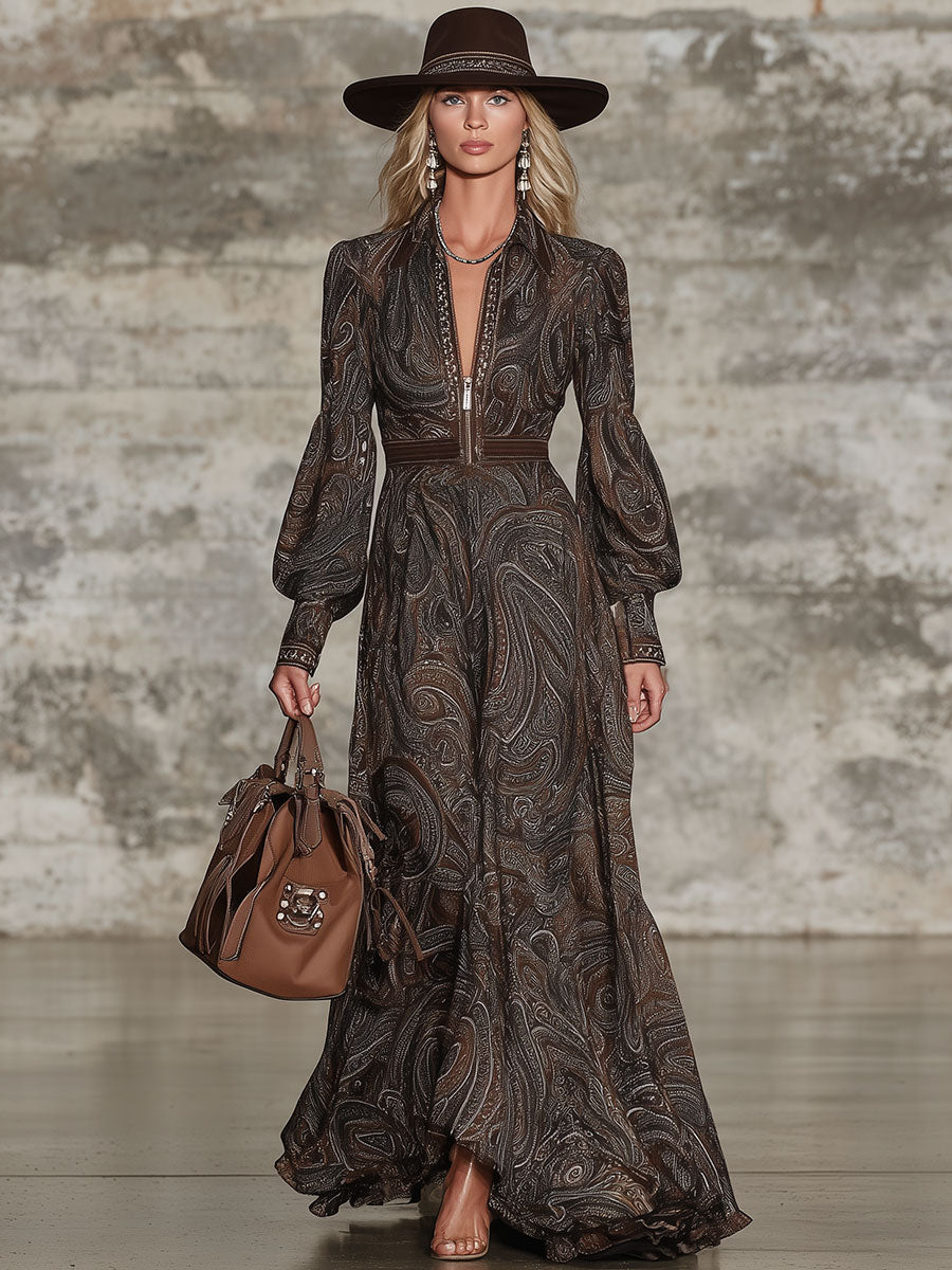 Robe Maxi Zippée au Motif Paisley Vintage