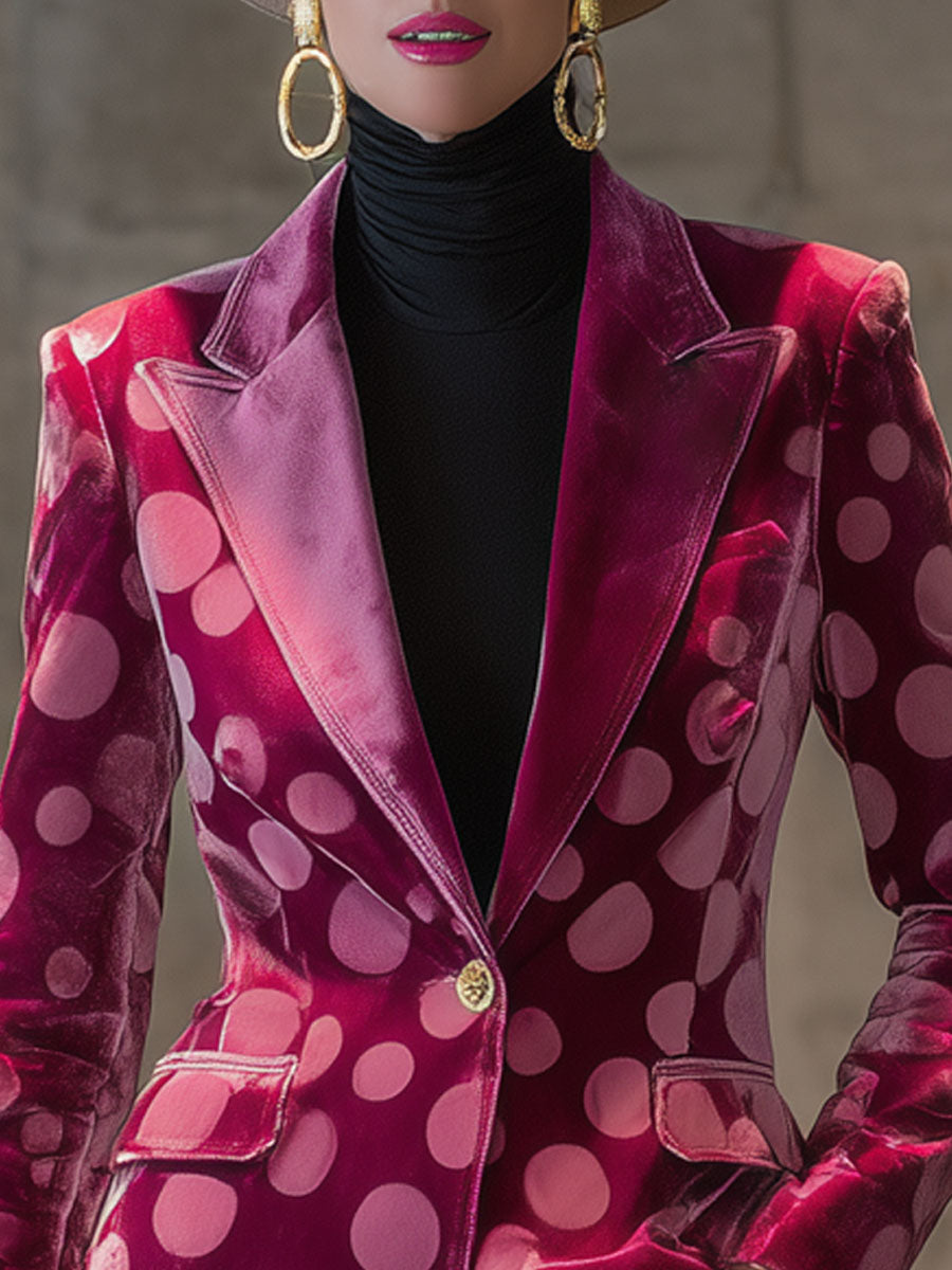 Élégant Blazer Rétro en Velours à Pois - Bouton Unique