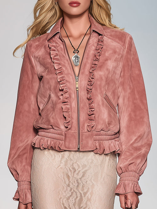Veste Vintage en Faux Suède Rose avec Volants et Zip