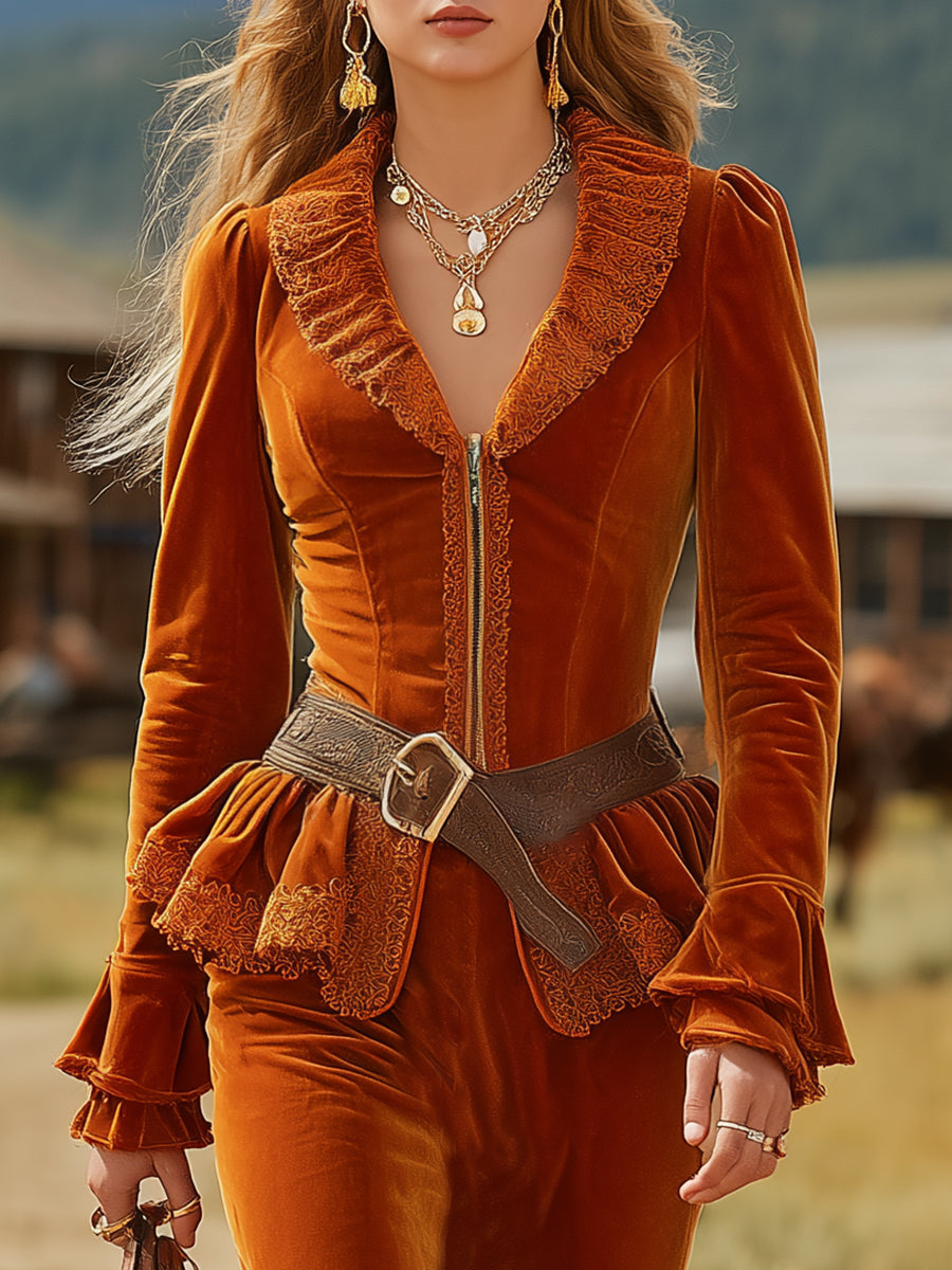 Veste en Velours Orange à Volants Rétro avec Jupe Longue Coordonnée