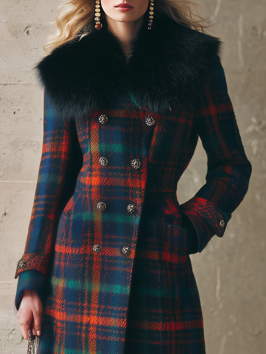 Longue Manteau en Laine à Carreaux avec Col en Fourrure Synthétique : Élégance Rétro et Chic