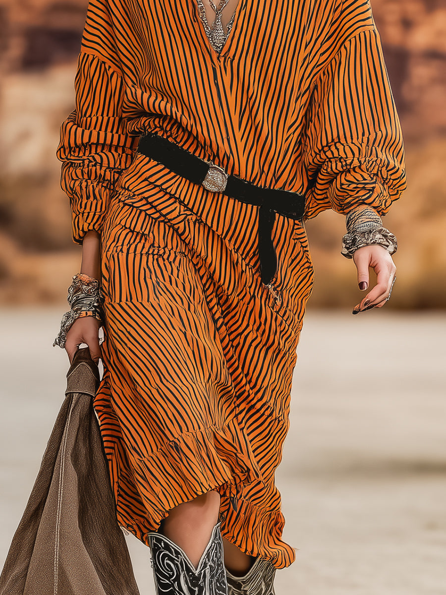 Robe Midi Rétro Orange à Rayures Noires - Style Western Chic