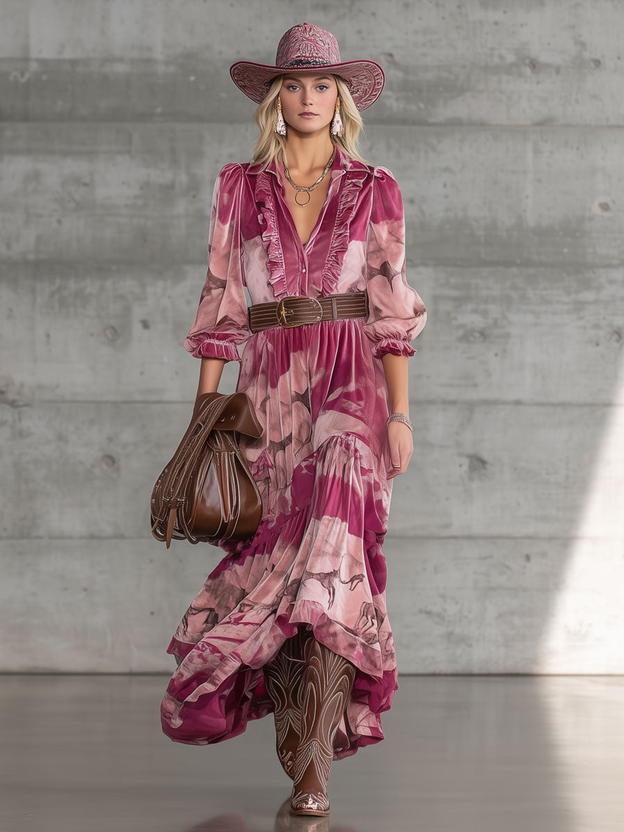Robe Maxi Velours Rose avec Imprimé de Cerf Sika - Élégance Urbaine Rétro