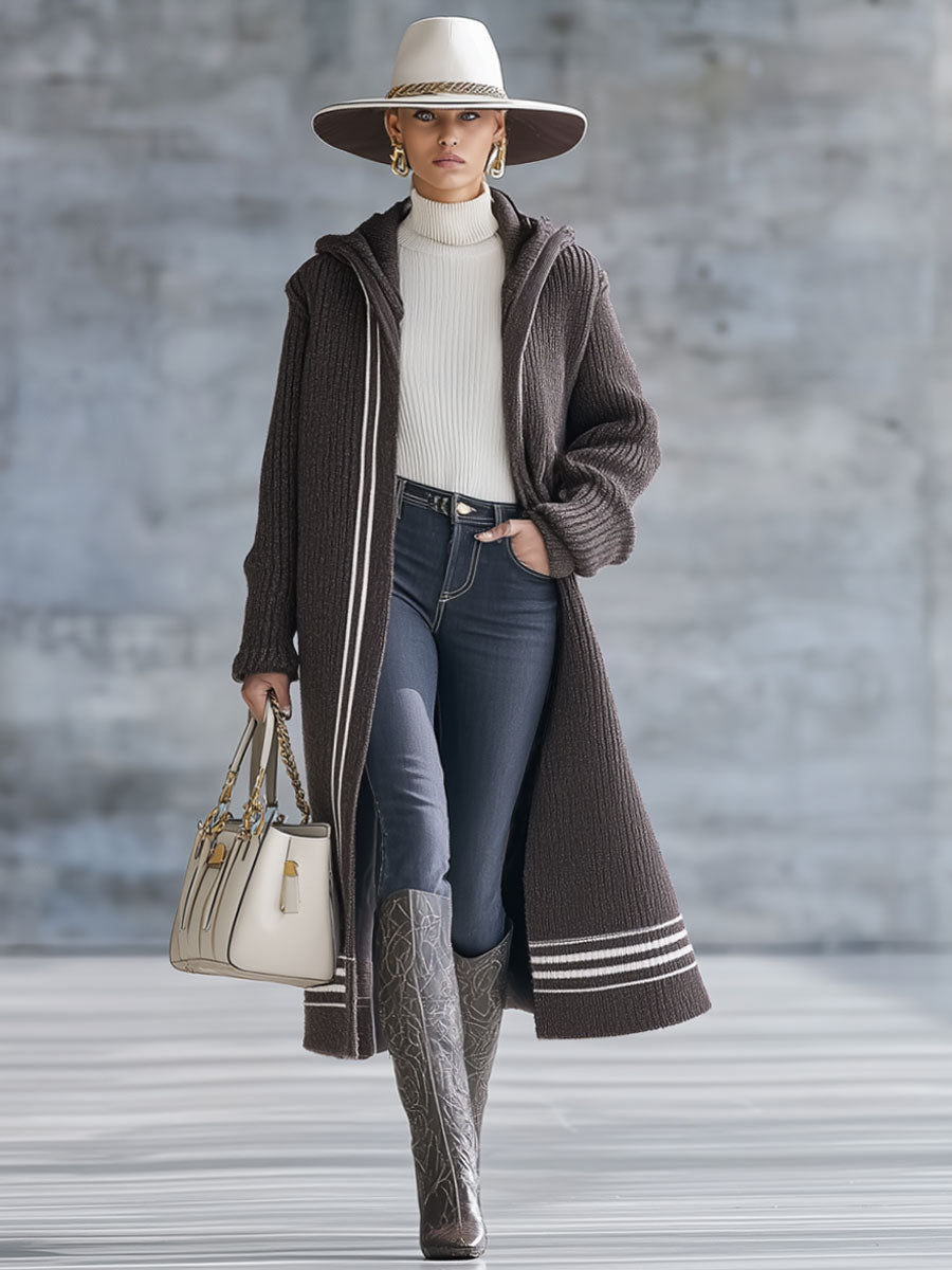 Chic Cardigan à Capuche Rayé en Chocolat Brun - Style Décontracté