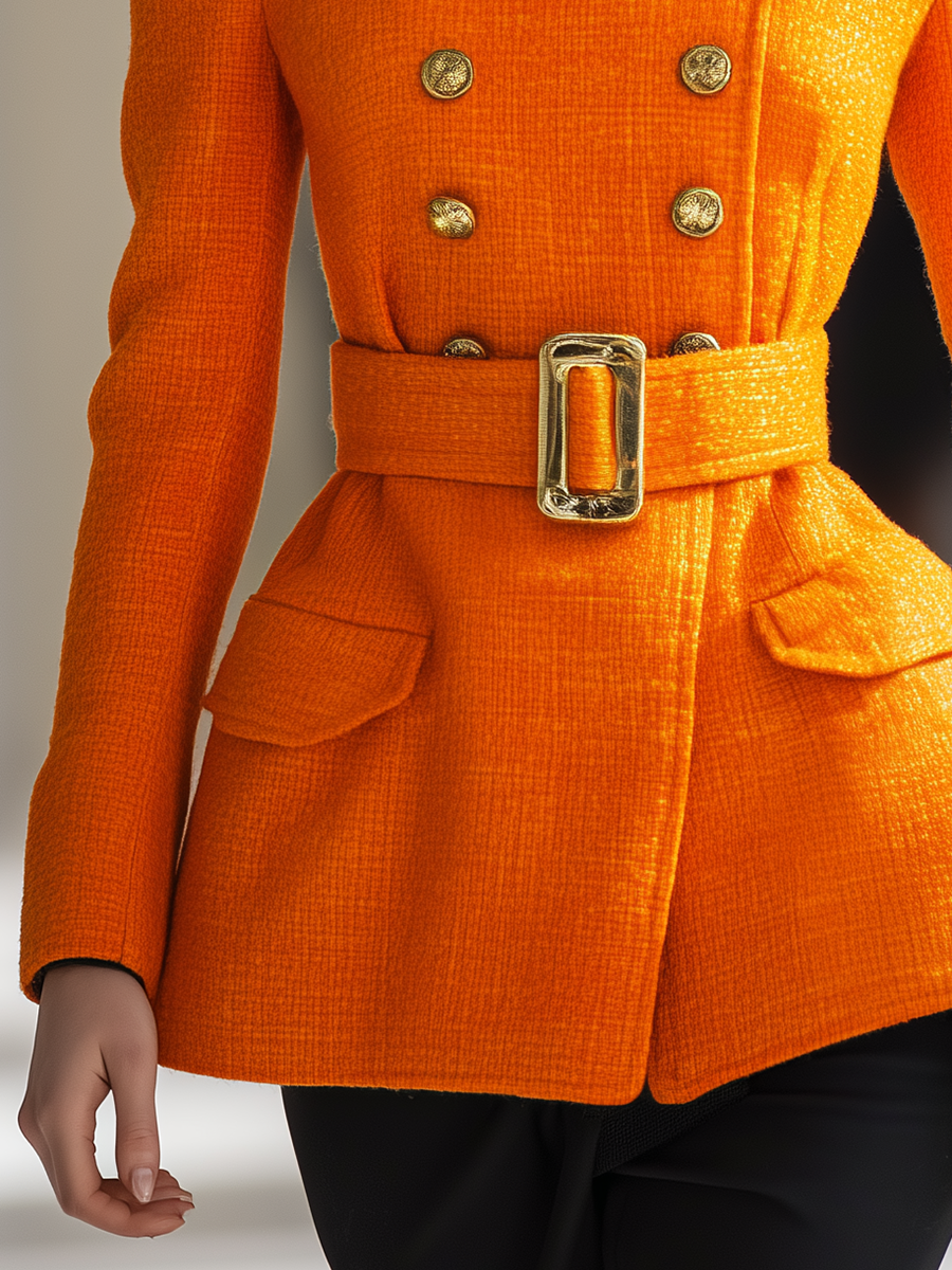 Veste Vintage en Tweed à Col Haut et Double Boutonnage