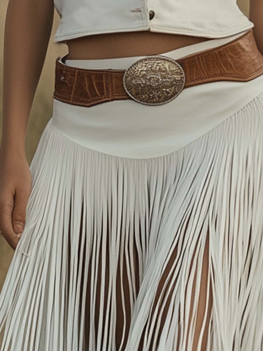 Jupe à franges en suède blanc avec ceinture marron – Livraison rapide sous 24 heures, style western rétro