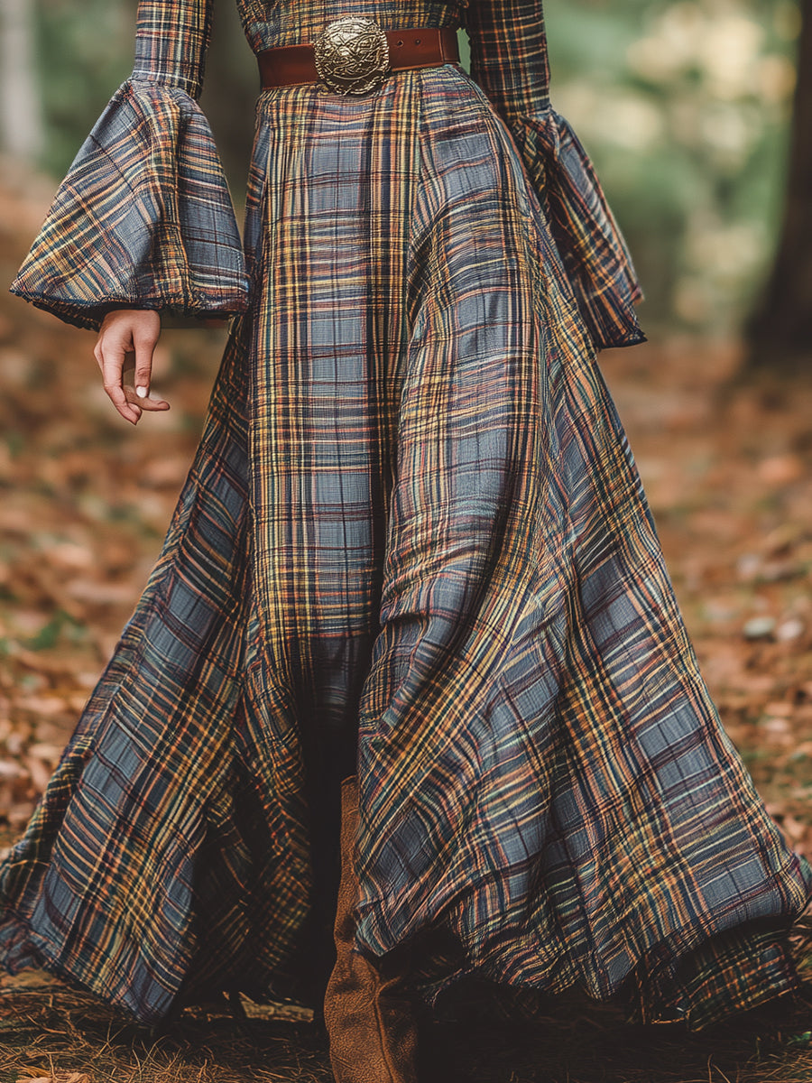 Robe Maxi Vintage à Motif Carreaux avec Manches Évasées et Col en V