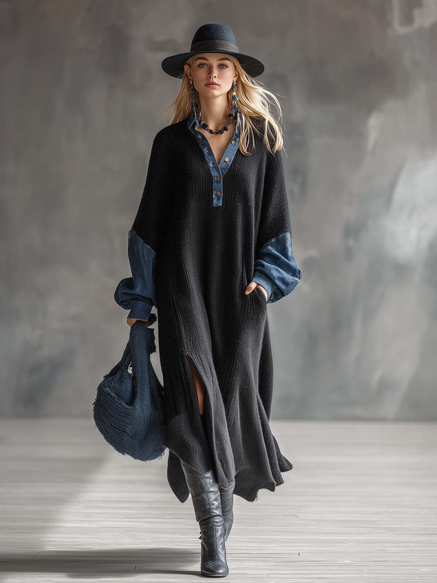 Robe Maxi Noire Tricotée Décontractée avec Accents en Denim