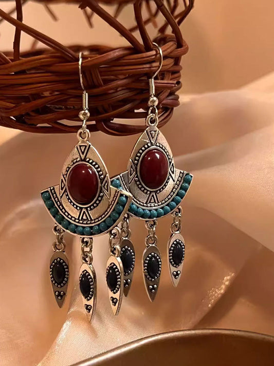 Pendantes Ethniques Rétro avec Pompons Turquoise