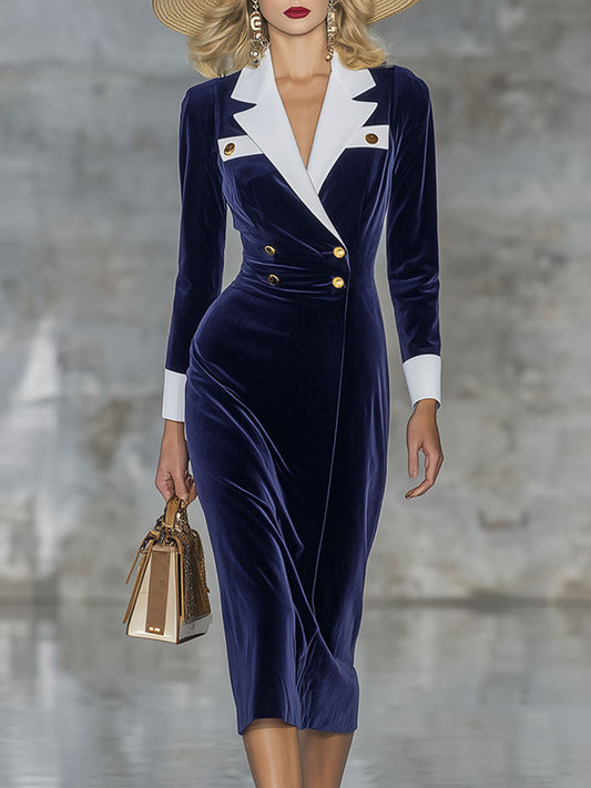 Robe Midi en Velours Bleu Élégant au Style Rétro avec Revers Croisé