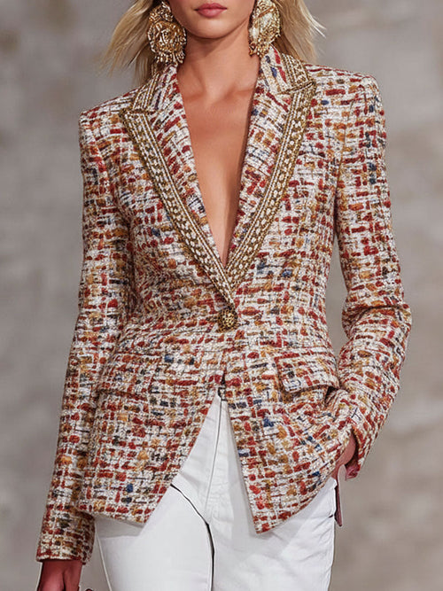 Veste en Tweed Coloré avec Revers Élégants, Détail en Ruban Contrastant et Bouton Unique