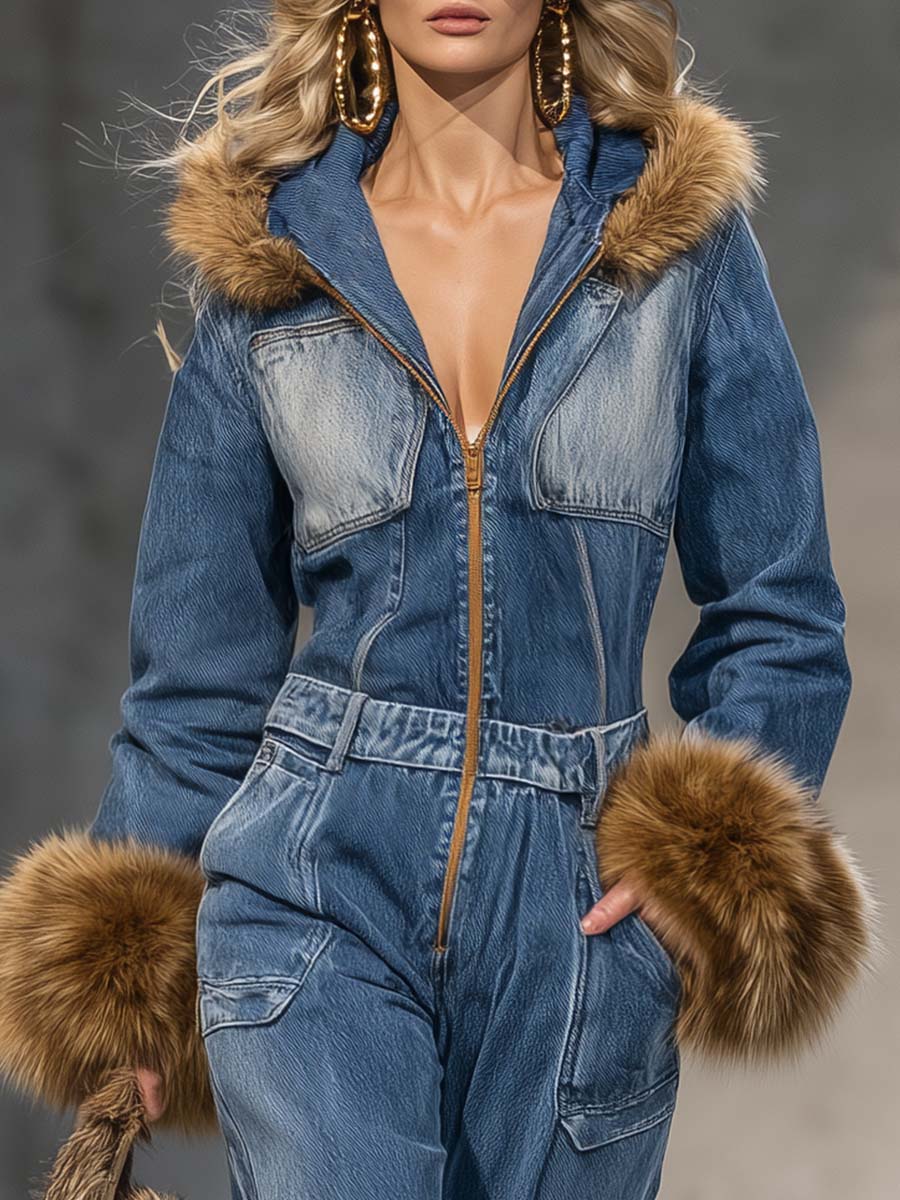 Salopette en Jean Bleu Vintage Wild West avec Capuche et Manches en Éco-Fourrure