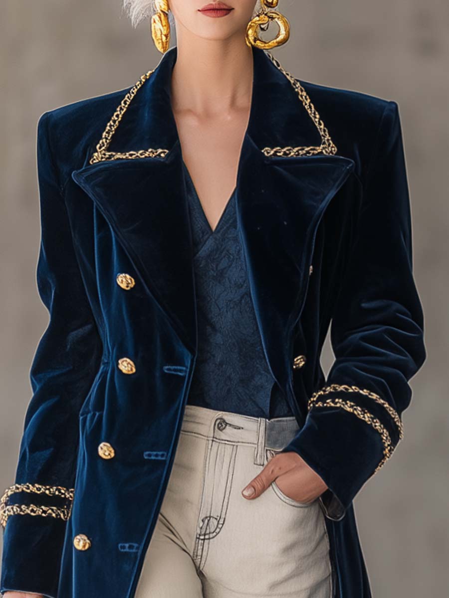 Veste en Velours Bleu Foncé avec Col Métallique et Boutons Dorés - Charme Western Rétro