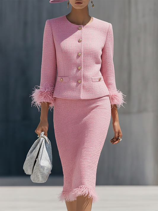 Chic Ensemble en Tweed : Veste à Col Rond et Jupe à Boutonnage Unique