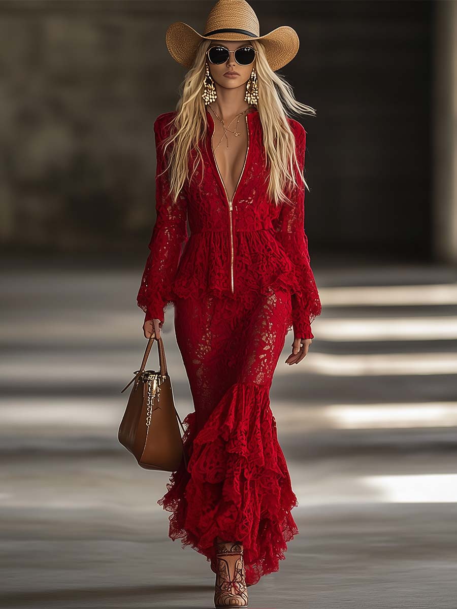 Robe Maxi Rouge en Dentelle avec Manches Longues, Zip, Col V et Détails Volants