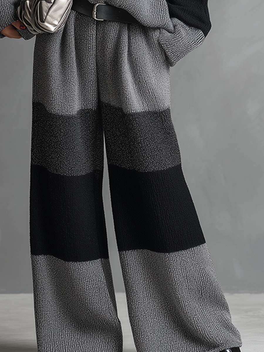 Ensemble Élégant en Tricot à Rayures Grises avec Pantalon Large - Confort et Style Assurés