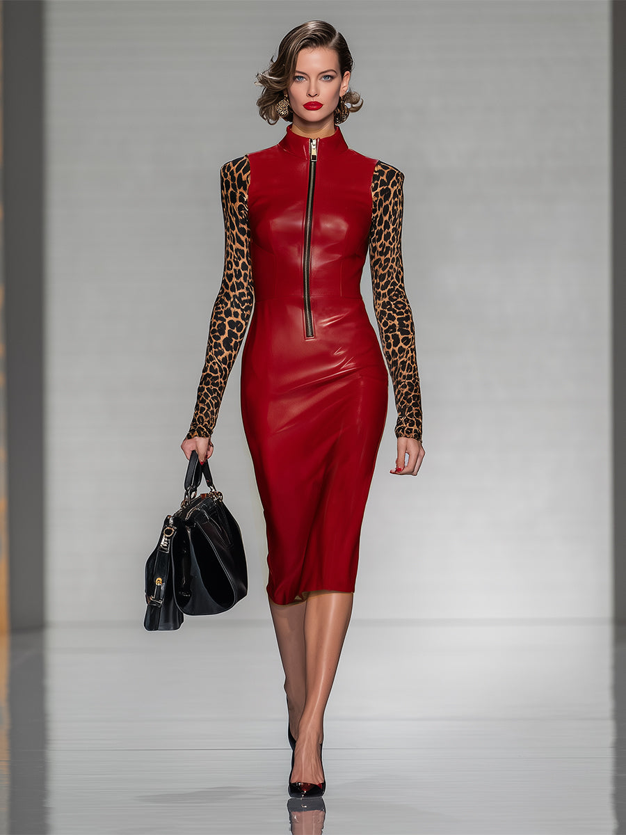 Robe Midi Zippée à Imprimé Léopard avec Détails en PU Rouge