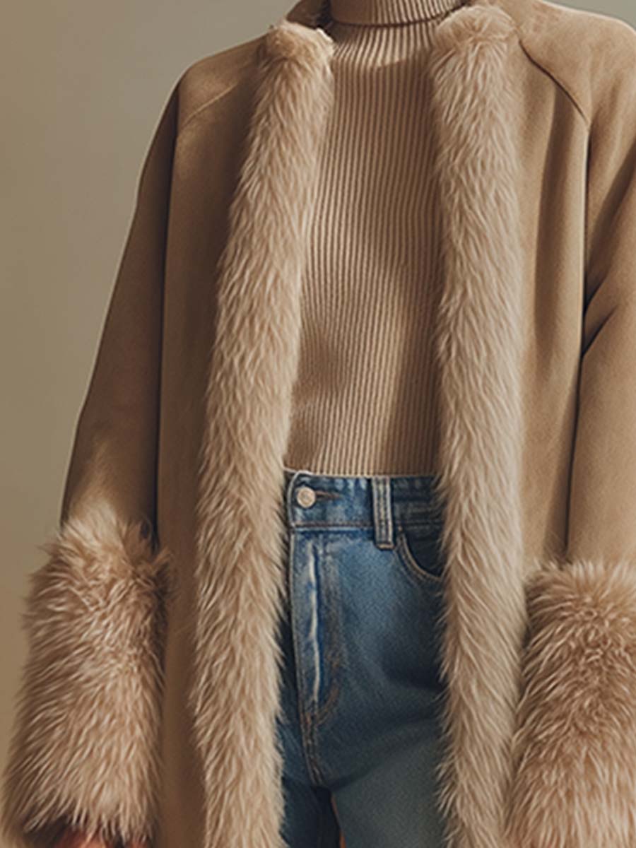 Elegant Long Faux Suede Coat with Luxurious Fleece Lining and Chic Faux Fur Trim