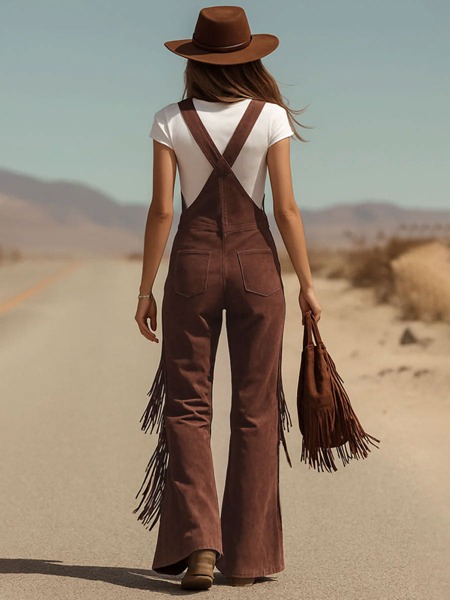 Salopette Oversize en Micro-Suède Marron avec Franges et Poches Pratiques