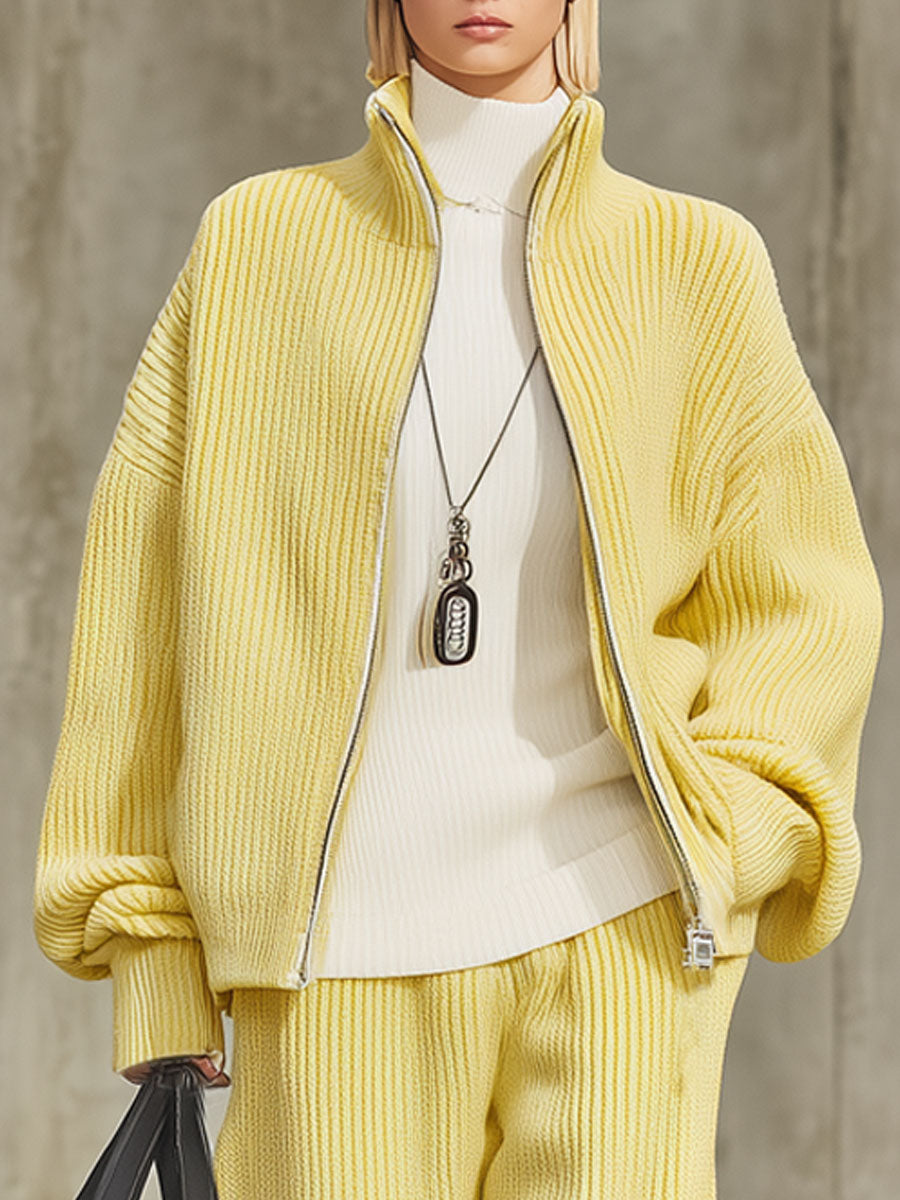 Ensemble Tricot : Cardigan Zippé à Col Montant et Pantalon Large