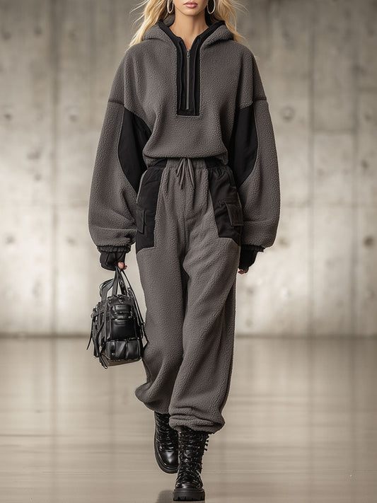 Ensemble Décontracté en Polaire Grise Vintage avec Sweat à Capuche et Pantalon