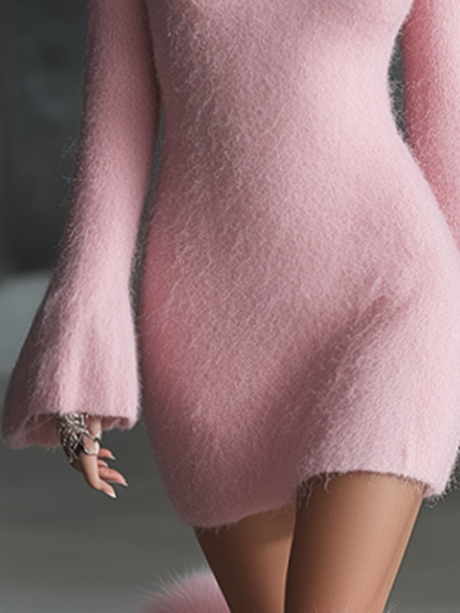 Robe Mini Tricotée Rose avec Col Carré, Boutons et Manches Cloche - Édition Hippocampe