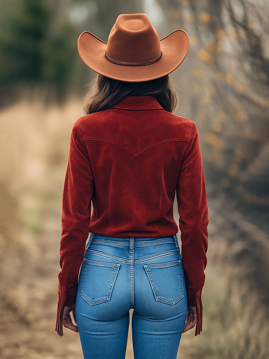 Chemise Western Cowboy Rouge en Daim à Manches Longues avec Col à Revers et Franges - Expédition Rapide sous 24 Heures!