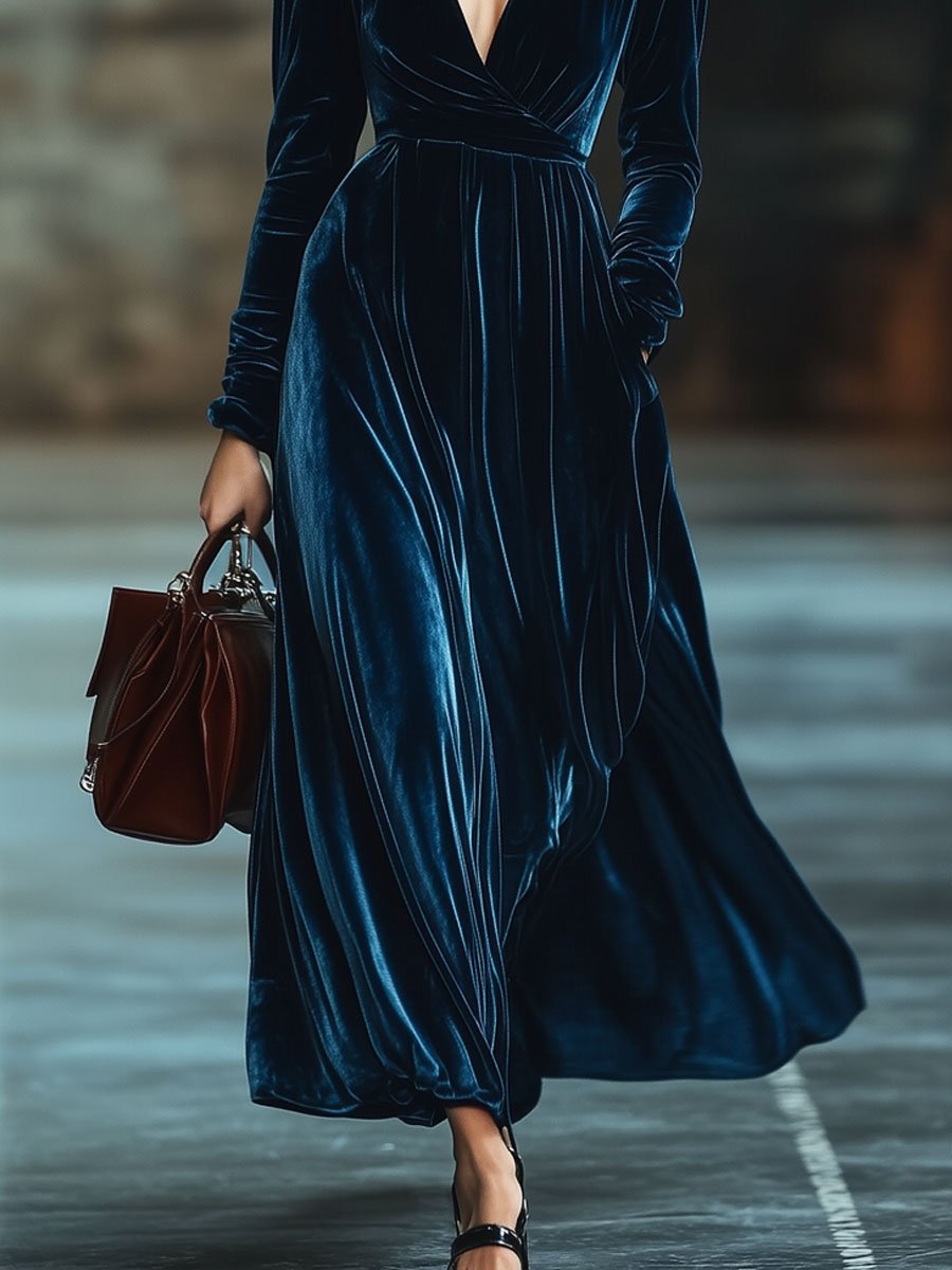 Robe Maxi en Velours Unicolore à Manches Longues et Col en V - Livraison en 24 Heures