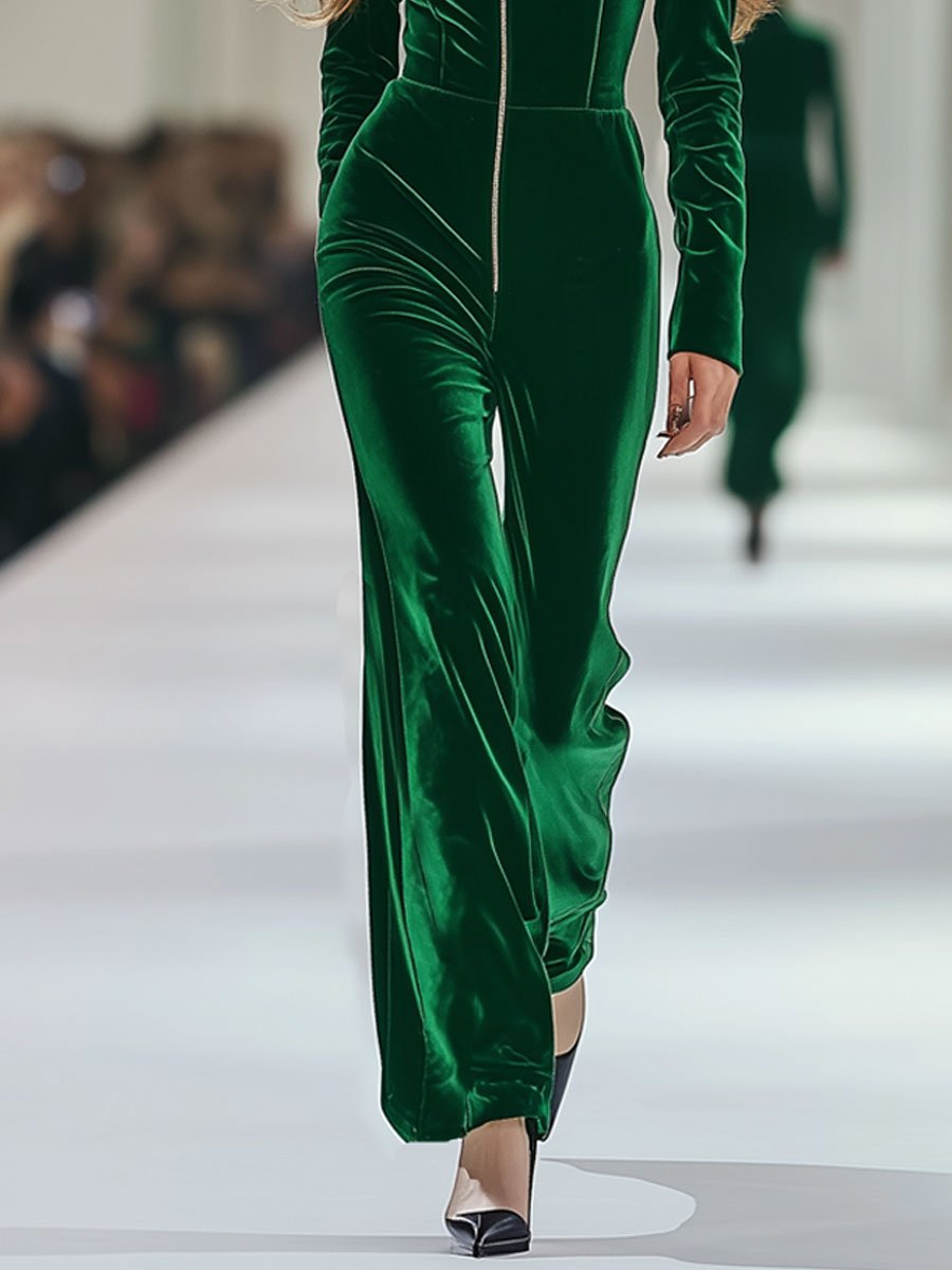 Combinaison Décontractée en Velours Vert à Manches Longues avec Fermeture Éclair - Expédition Rapide en 24 Heures!
