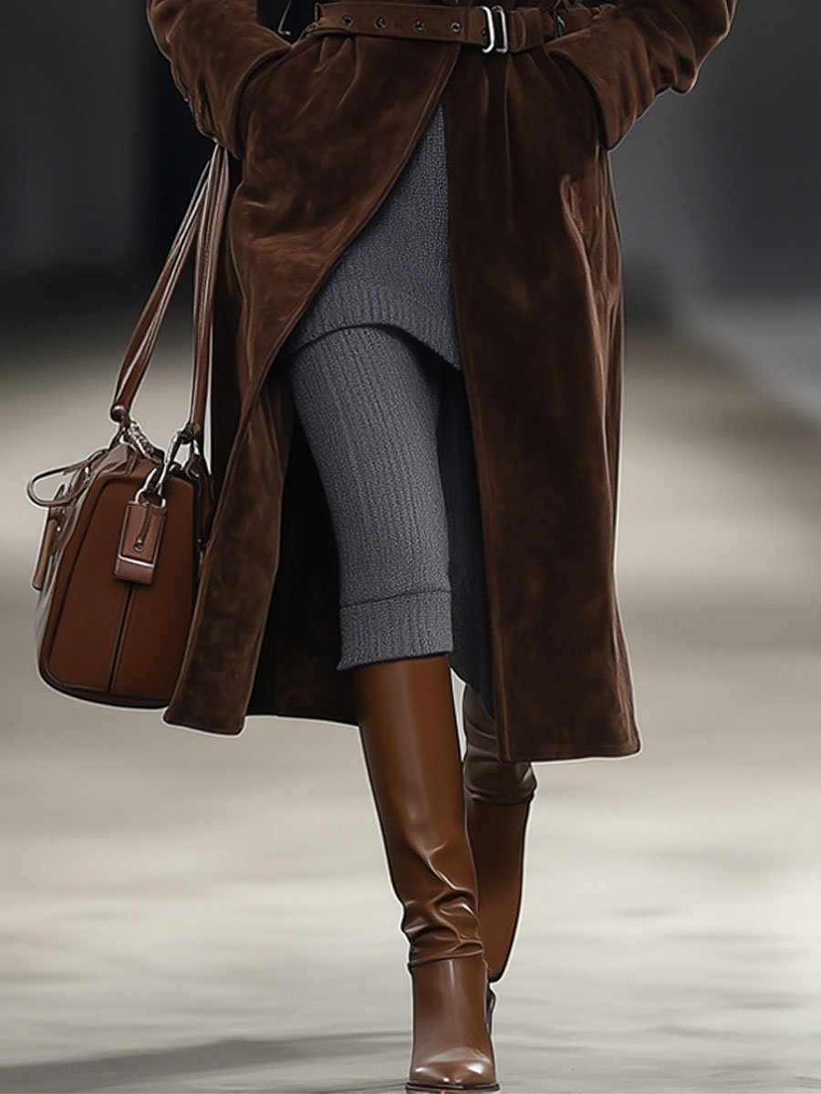 【Expédition en 24h】Manteau mi-long en suède chocolat, ceinturé et décontracté