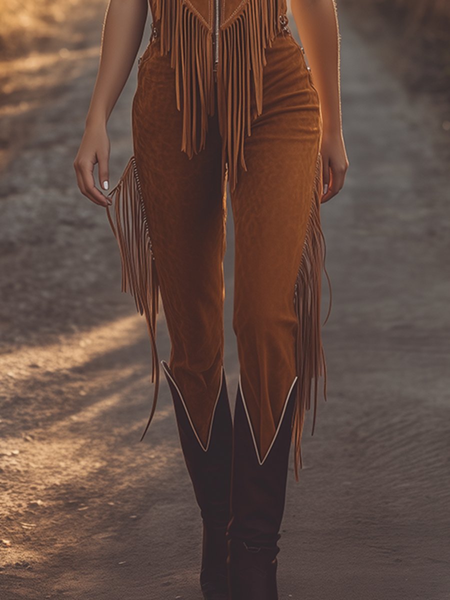 Expédition Rapide : Combinaison Zippée en Suède Brun avec Franges Western